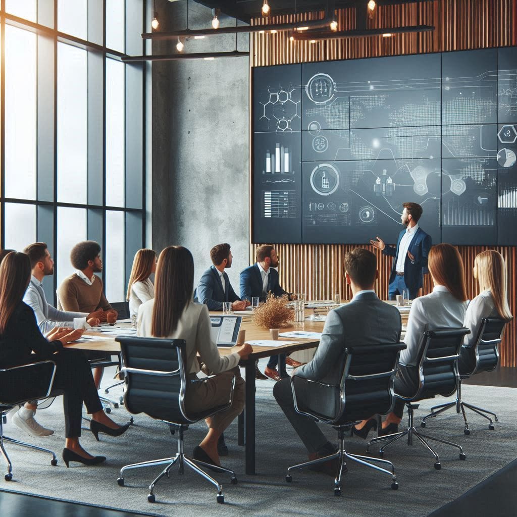 A group of people sitting around tables in front of a big screen.